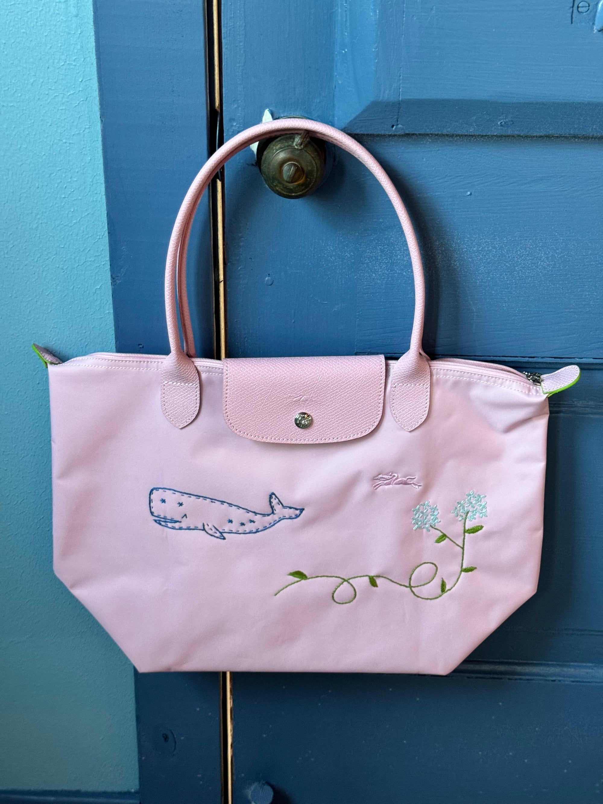 Pink whale and hydrengea doodle bag