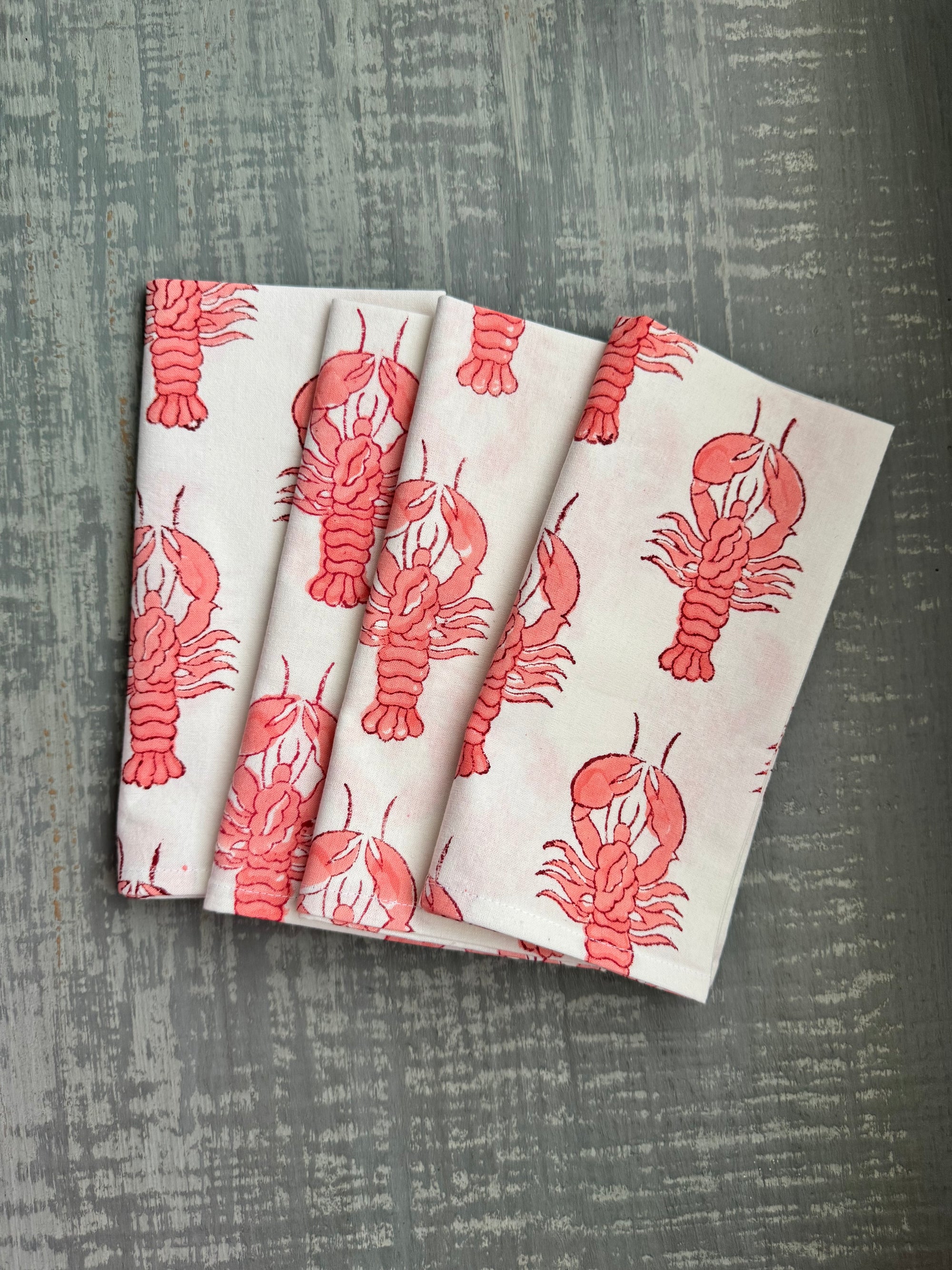 Coral Lobster Block Print Dinner Napkins - Set of 4