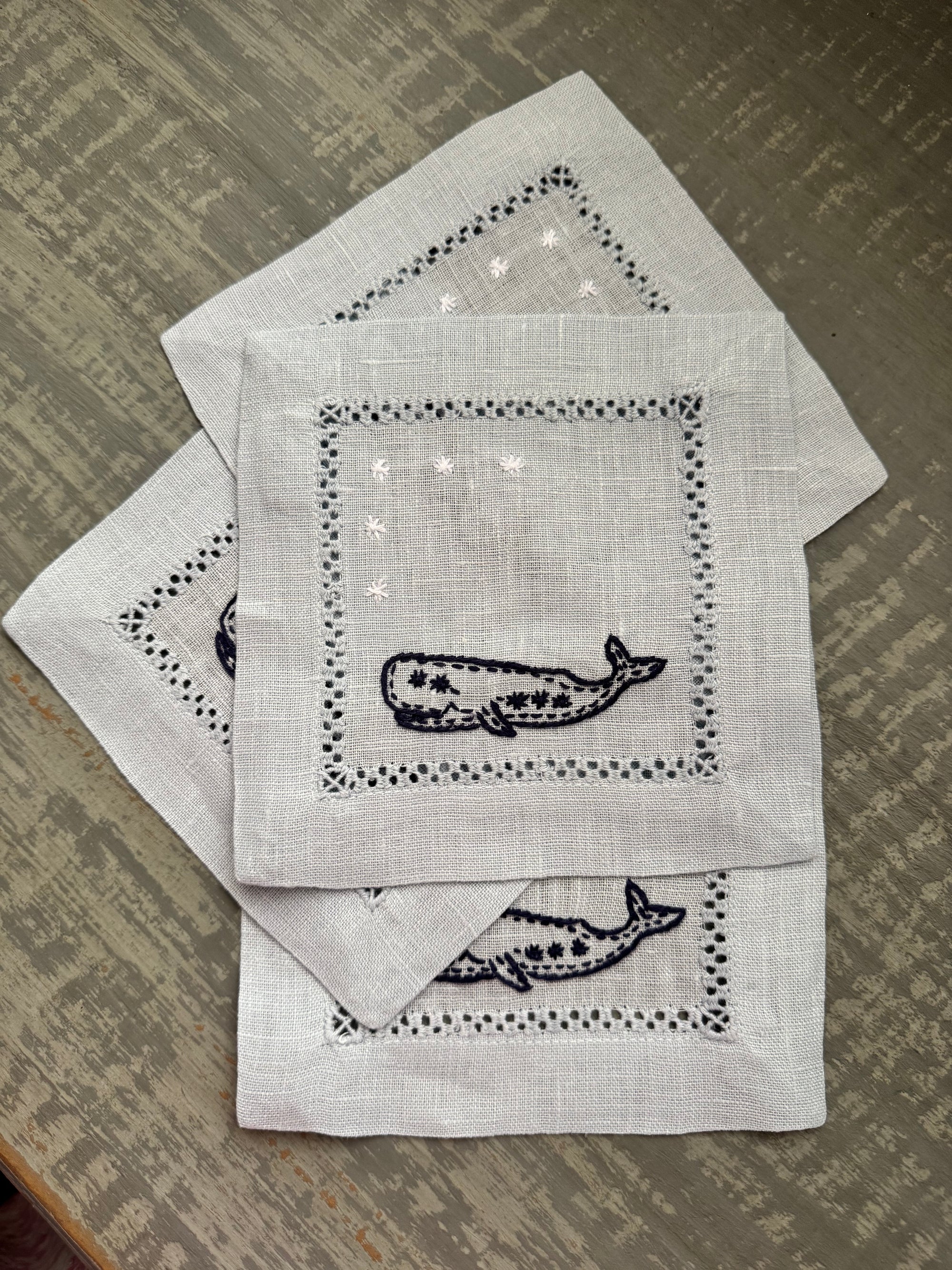 Nantucket Whale Embroidered Linen Cocktail Napkins | Set of 4