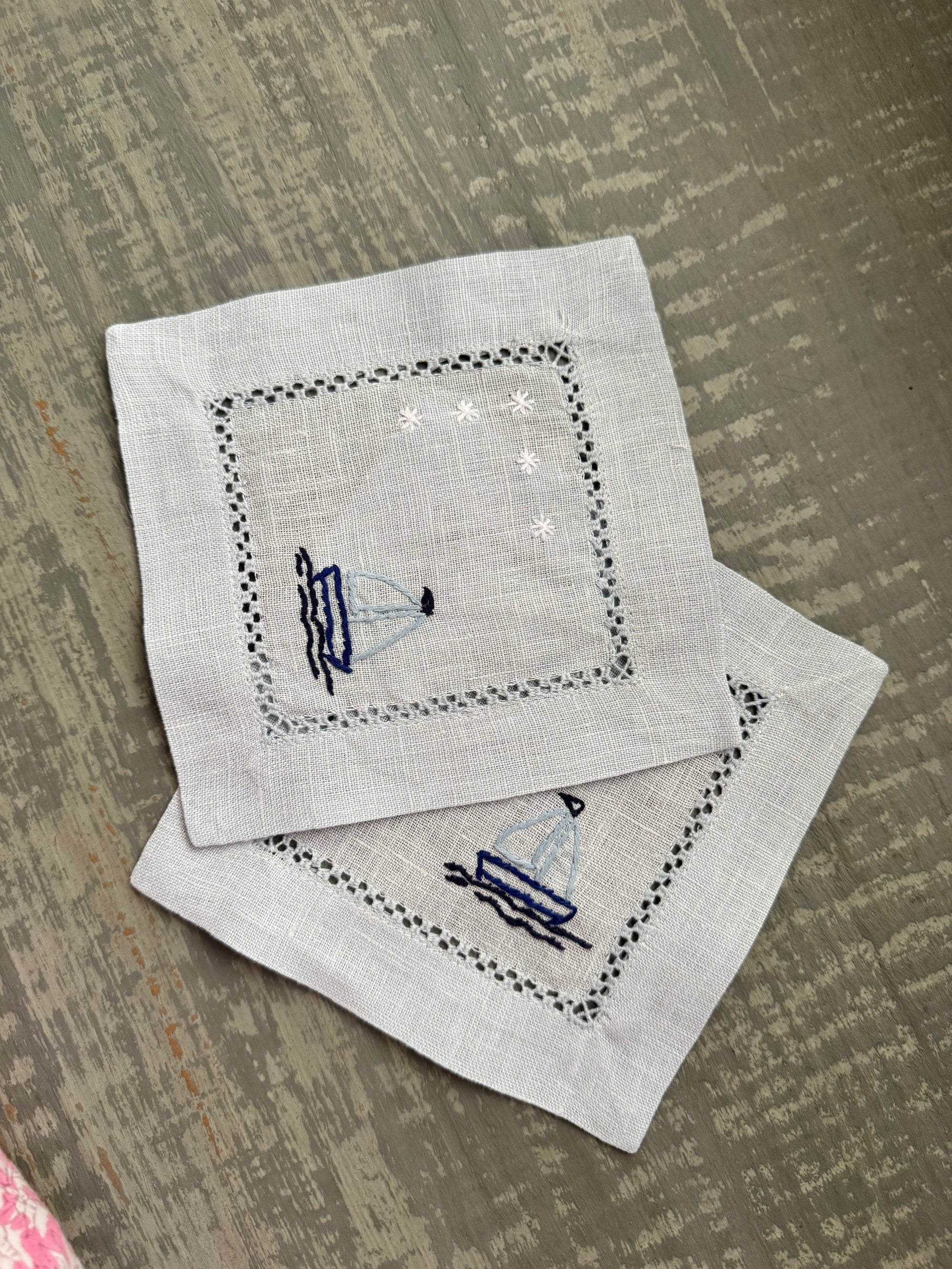 Nantucket Sailboat Embroidered Linen Cocktail Napkins | Set of 4