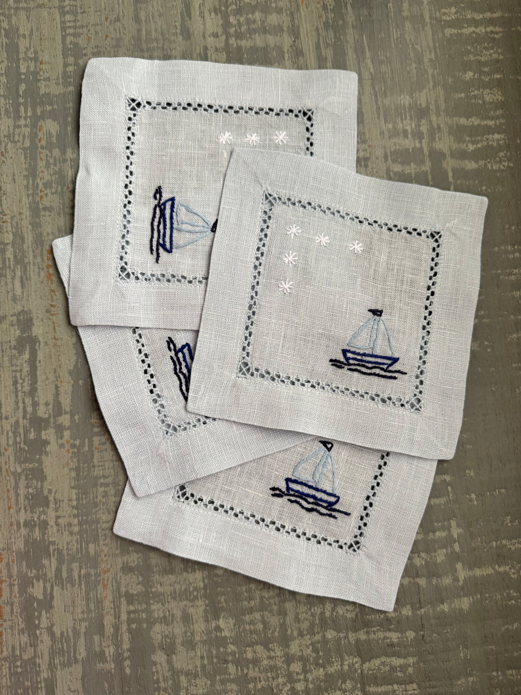 Nantucket Sailboat Embroidered Linen Cocktail Napkins | Set of 4