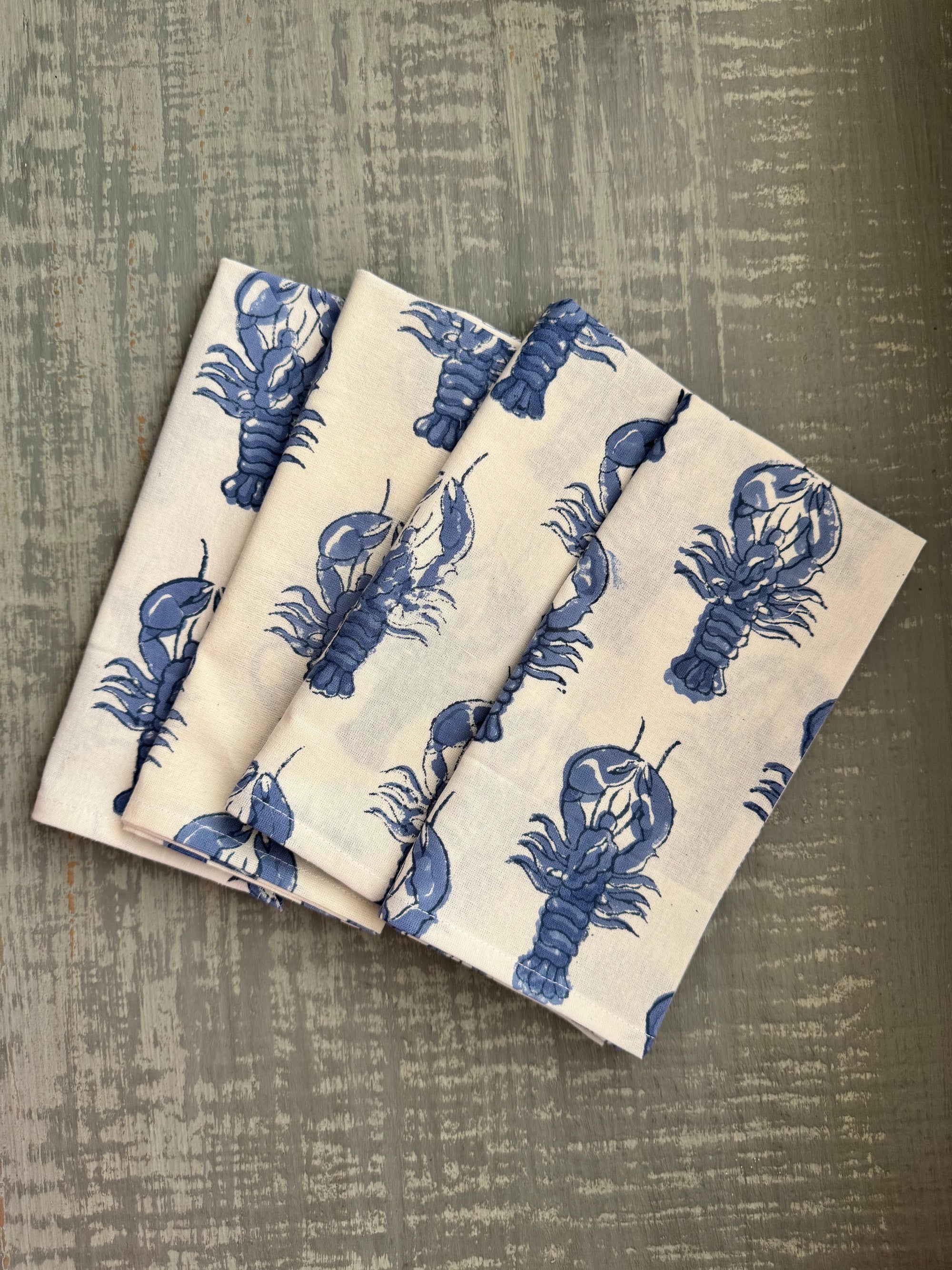 Blue Lobster Block Print Dinner Napkins - Set of 4