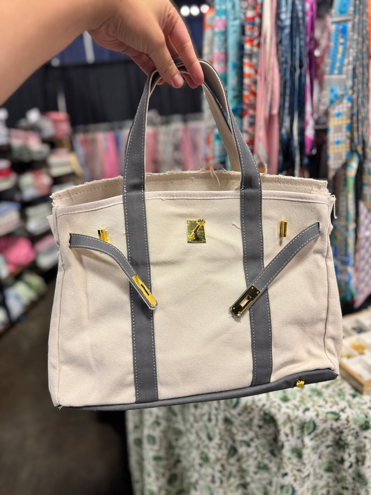Canvas &amp; Charcoal Trim Market Tote
