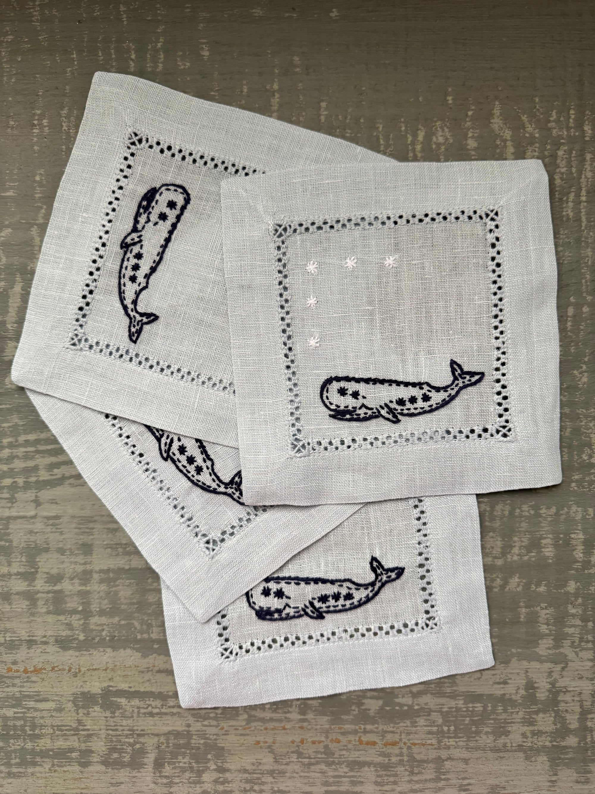 Nantucket Whale Embroidered Linen Cocktail Napkins | Set of 4