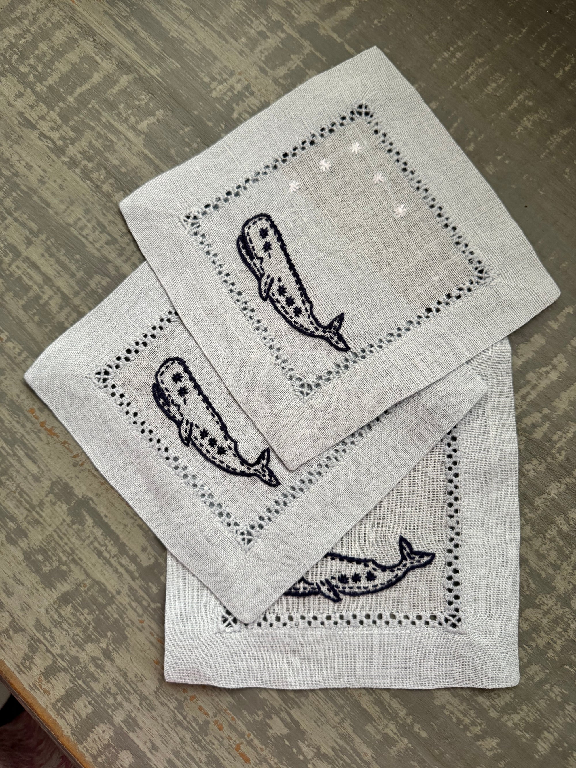 Nantucket Whale Embroidered Linen Cocktail Napkins | Set of 4