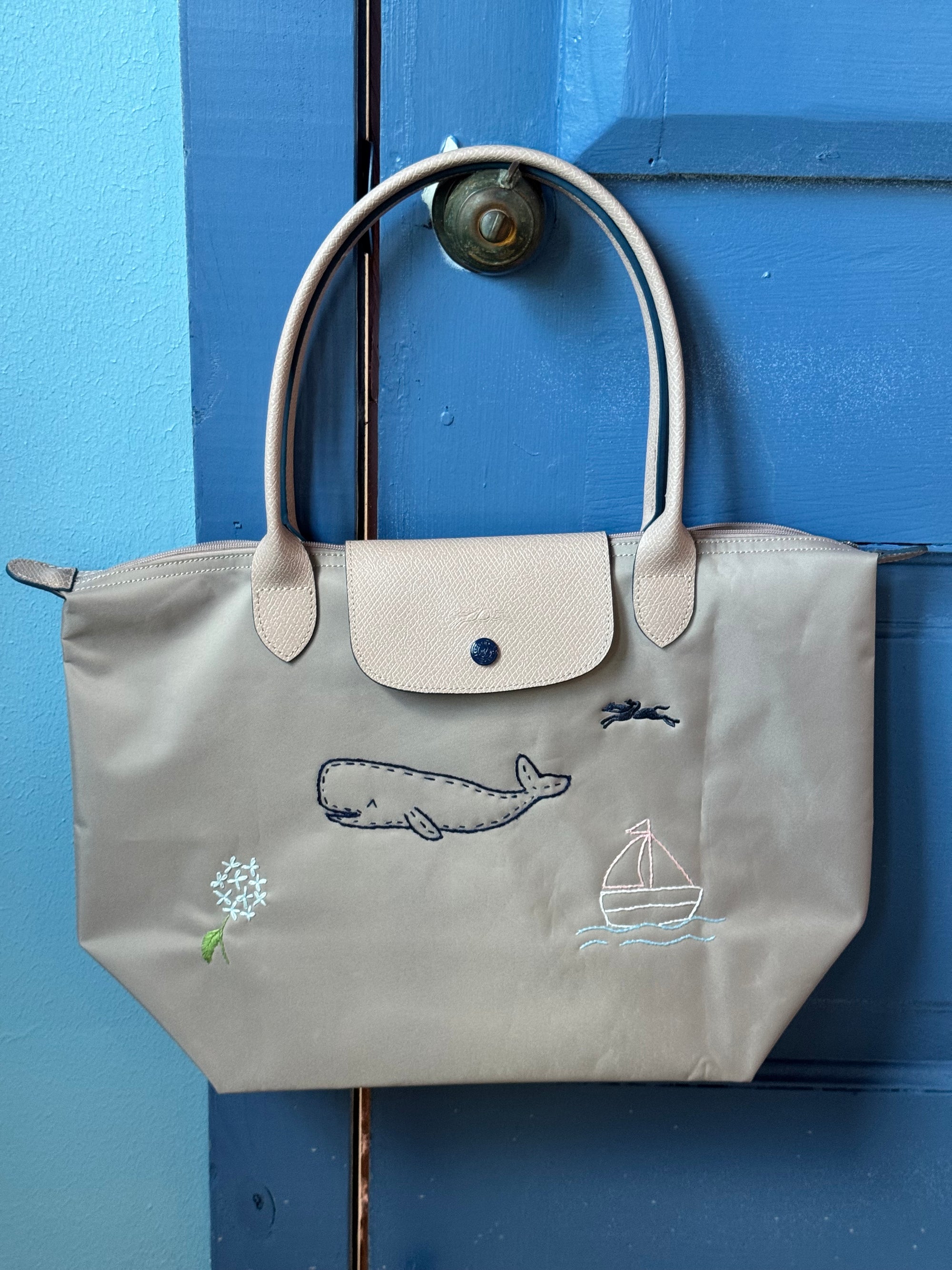 Natural in Navy Nantucket postcard bag