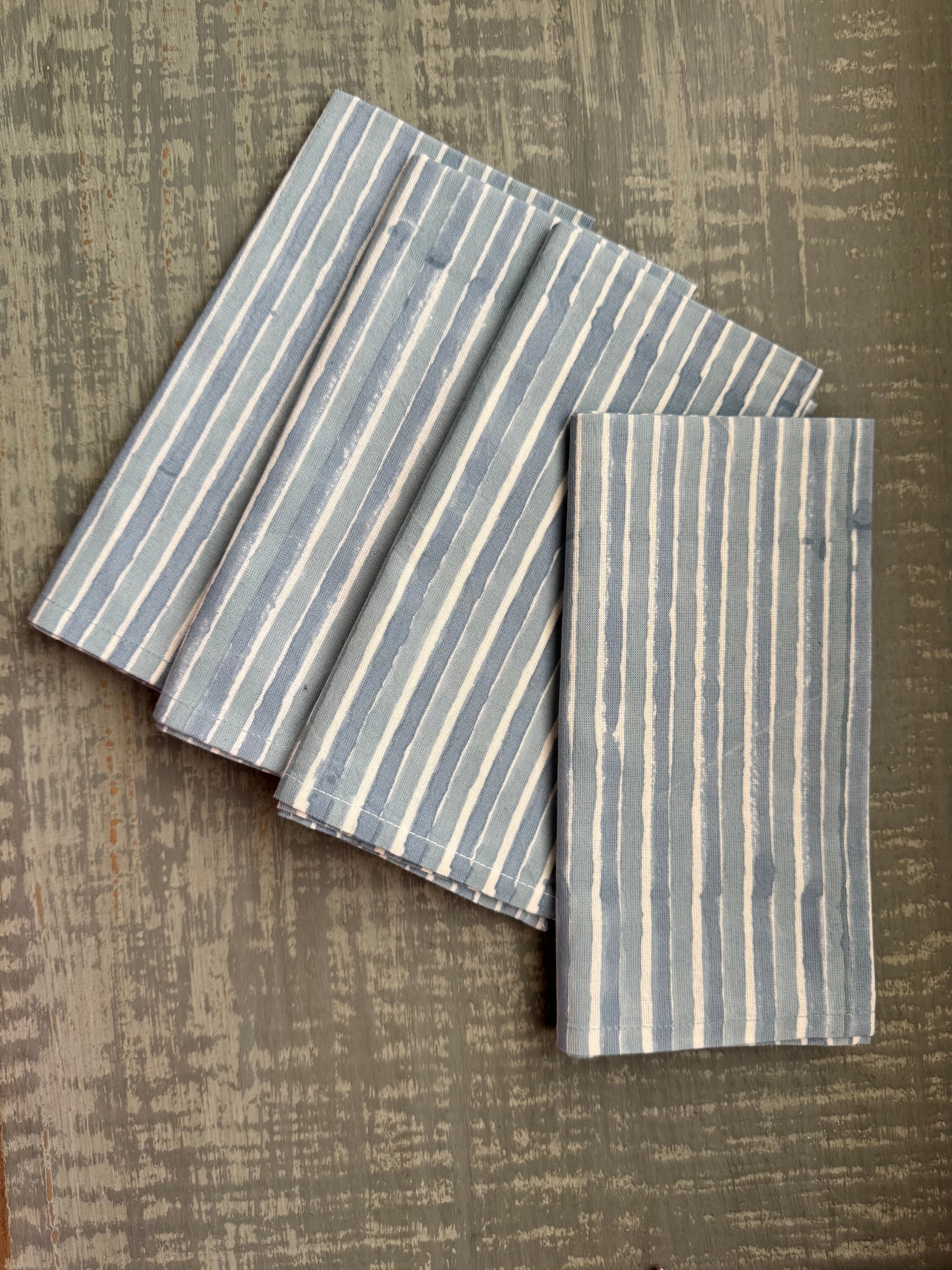 French Blue Stripe Block Print Dinner Napkins - Set of 4