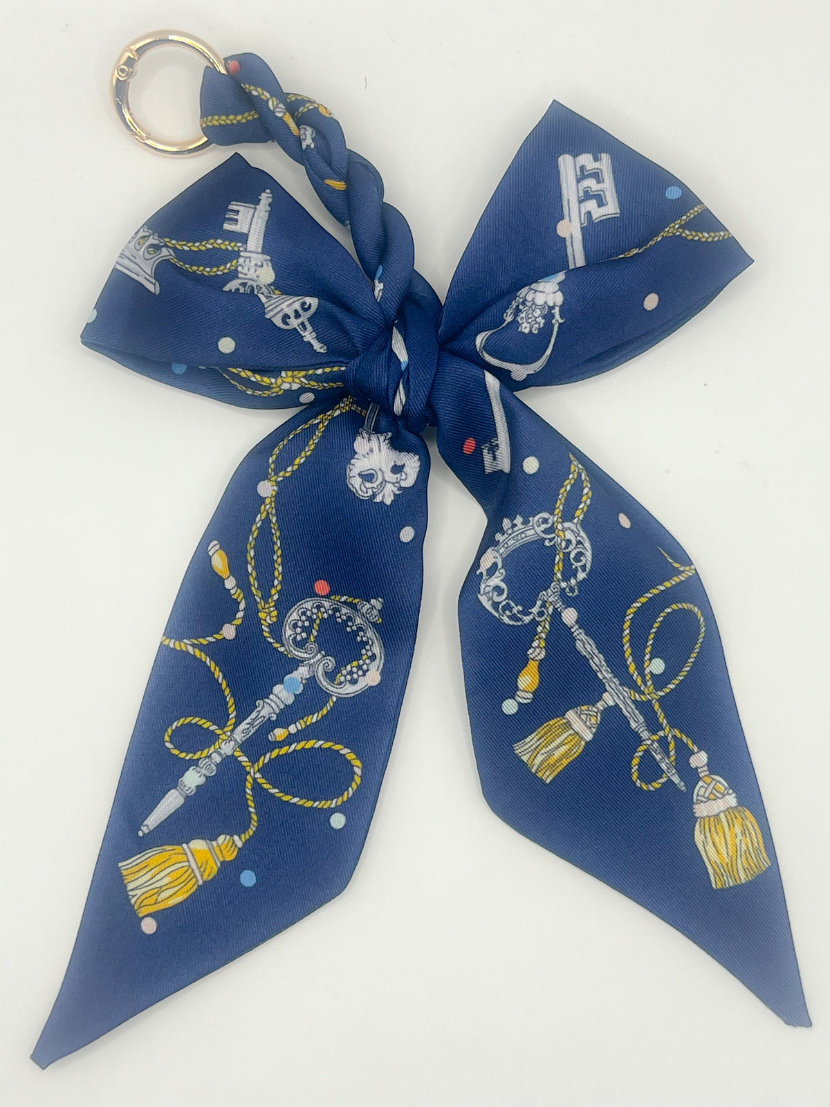 Navy Key &amp; Tassel Silk Bow Bag Charm