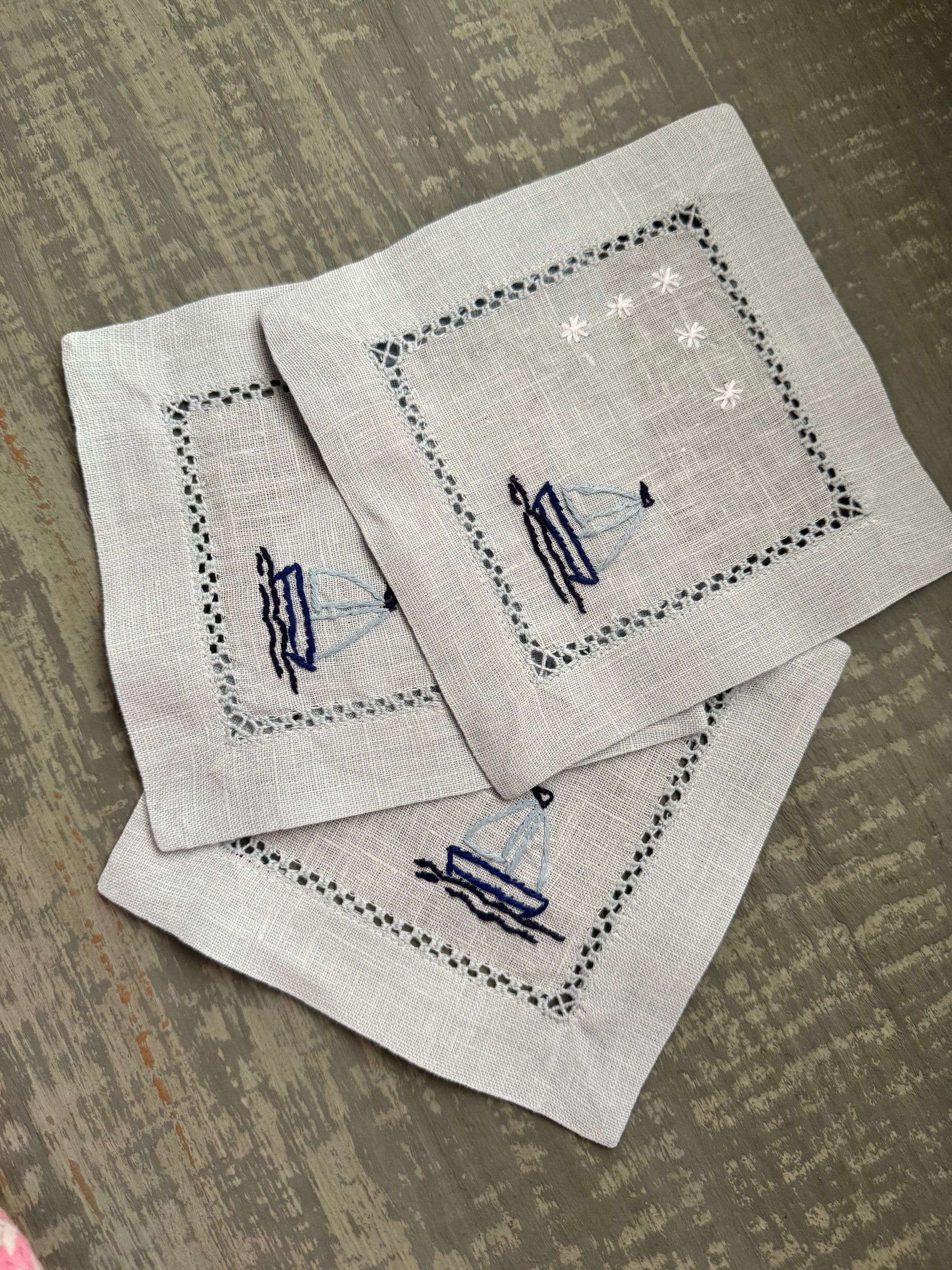 Nantucket Sailboat Embroidered Linen Cocktail Napkins | Set of 4