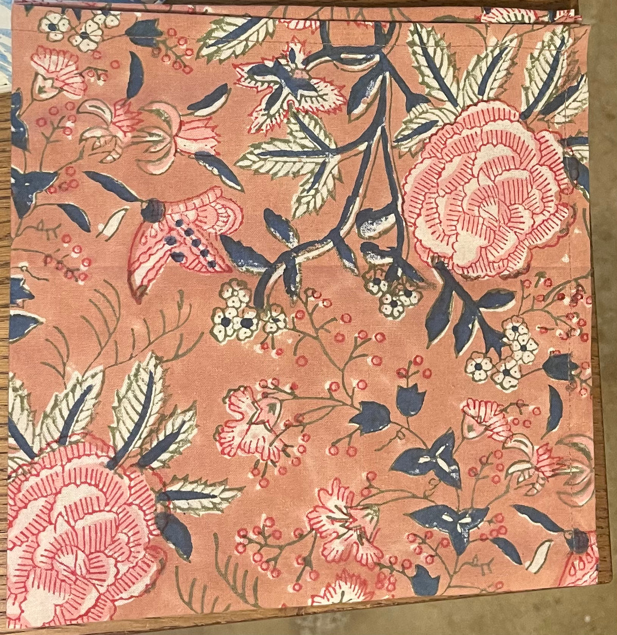 Block Print Coral and Blue Garden Napkin