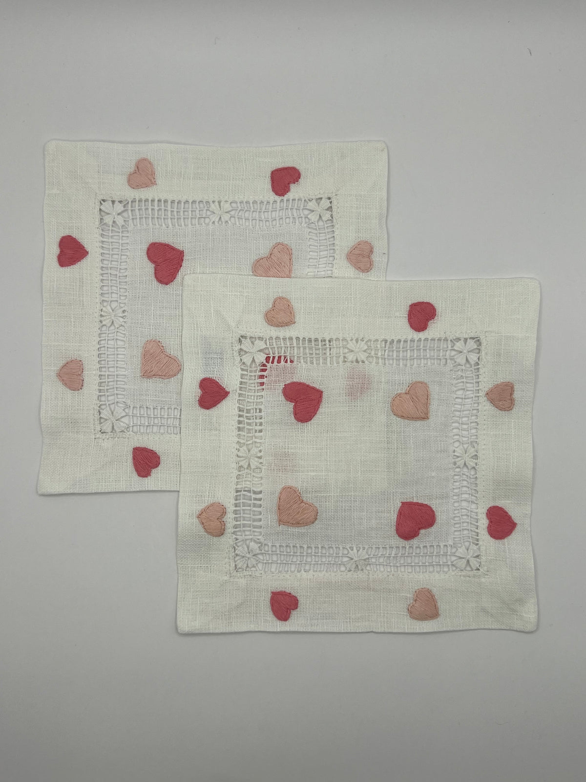 Hand Embroidered Heart Linen Cocktail Napkins. Set of Four