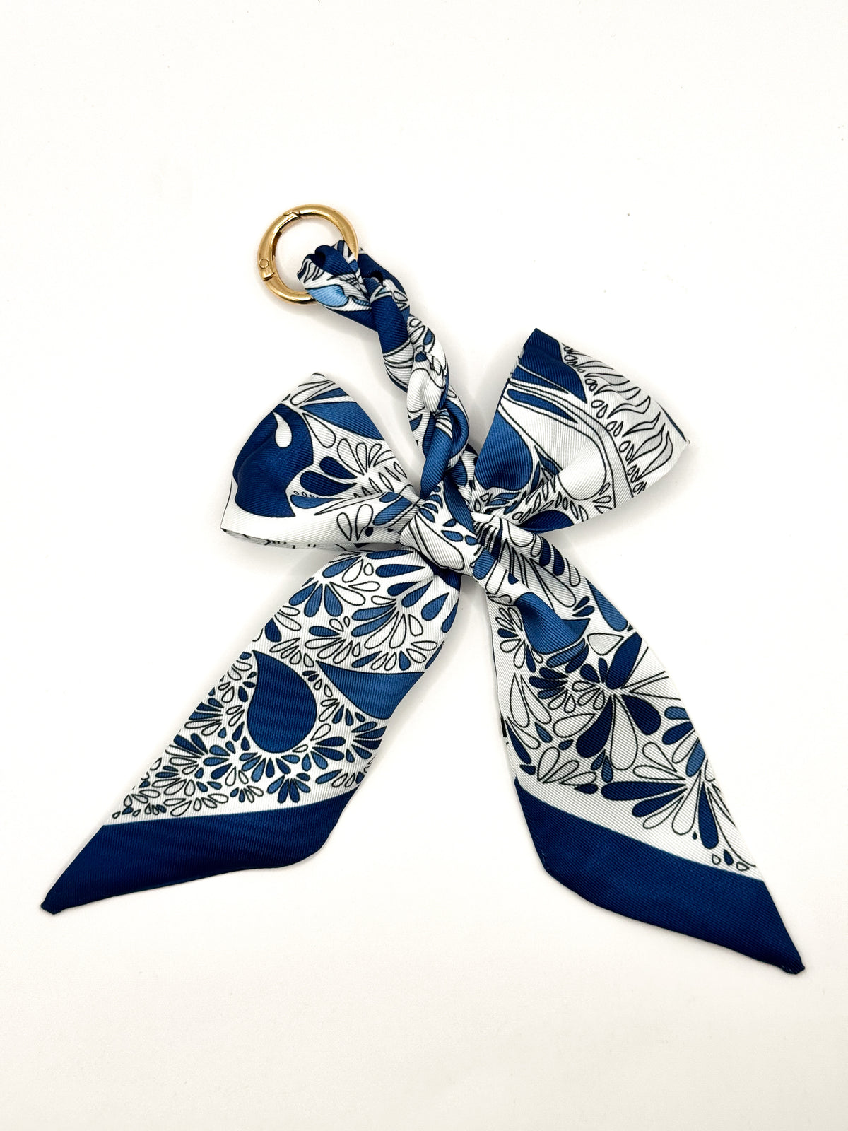 Blue &amp; White Silk Scarf Bag Charm with Gold Ring
