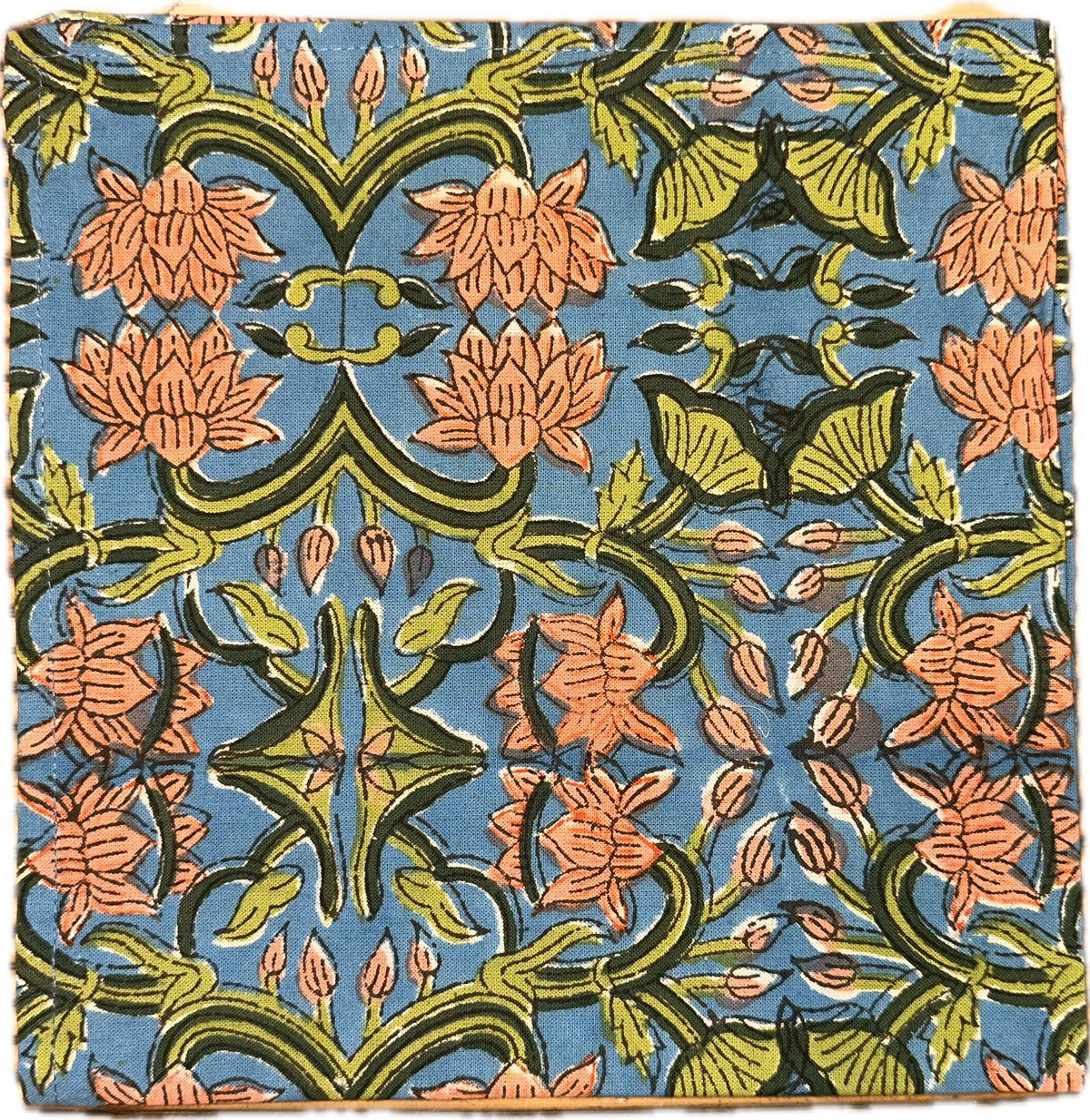Block Print Vine with Teal-Orange Floral Cloth Napkin