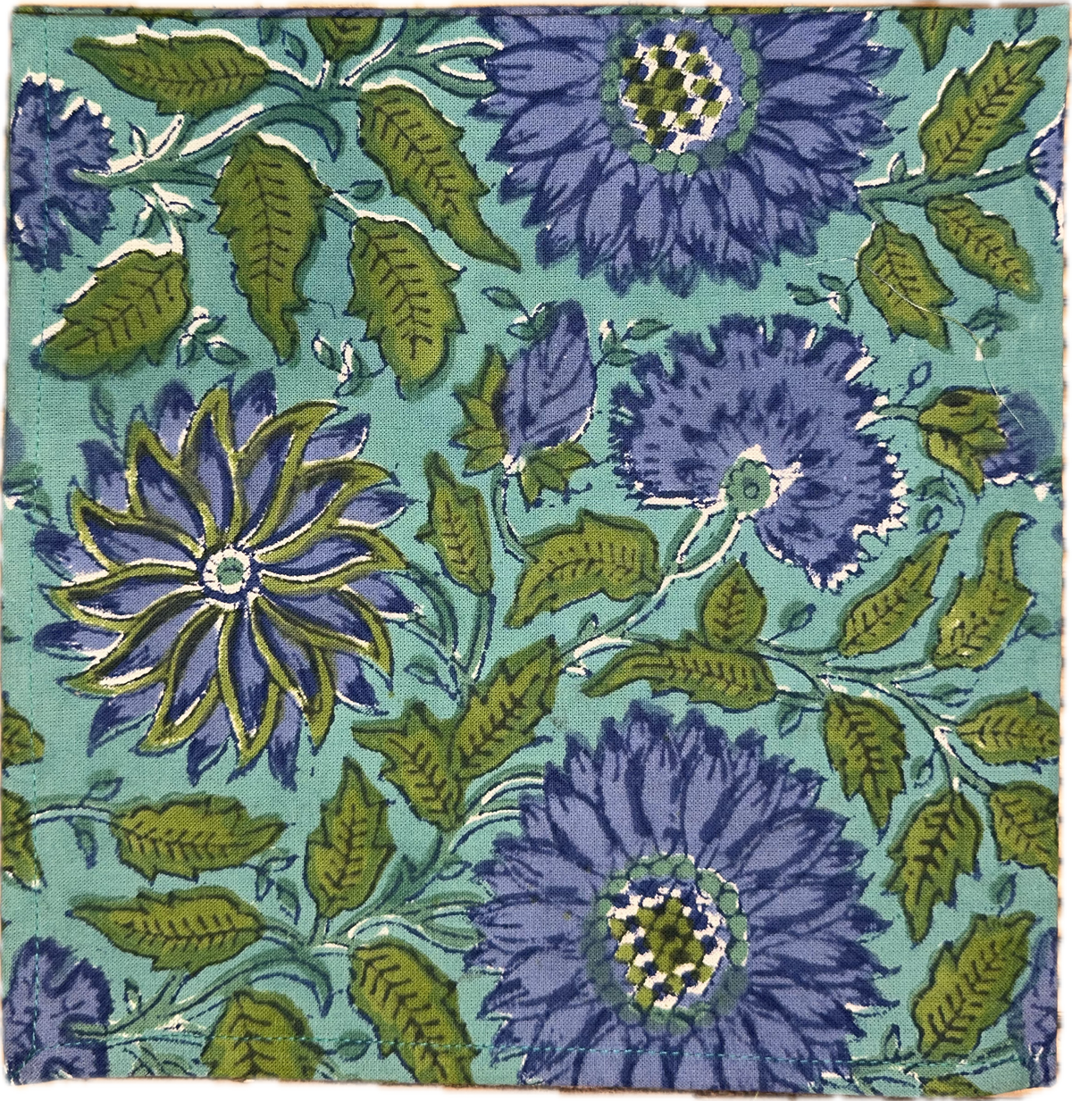 Block Print Green and Blue Wild Flower Cloth Napkin