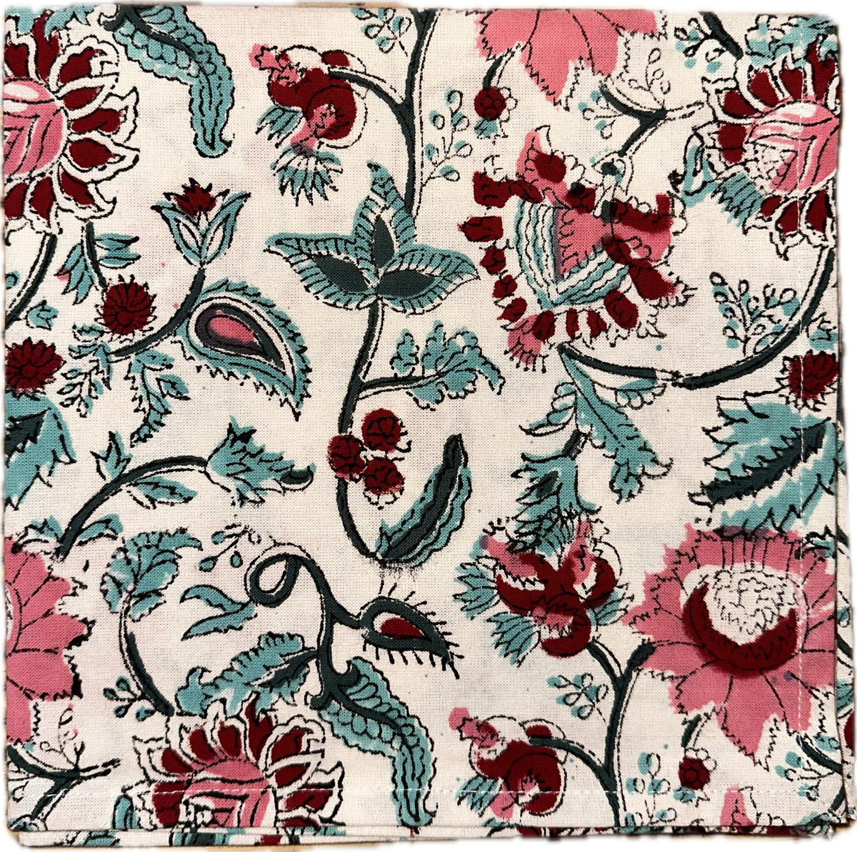Block Print Teal and Pink Floral Cloth Napkin