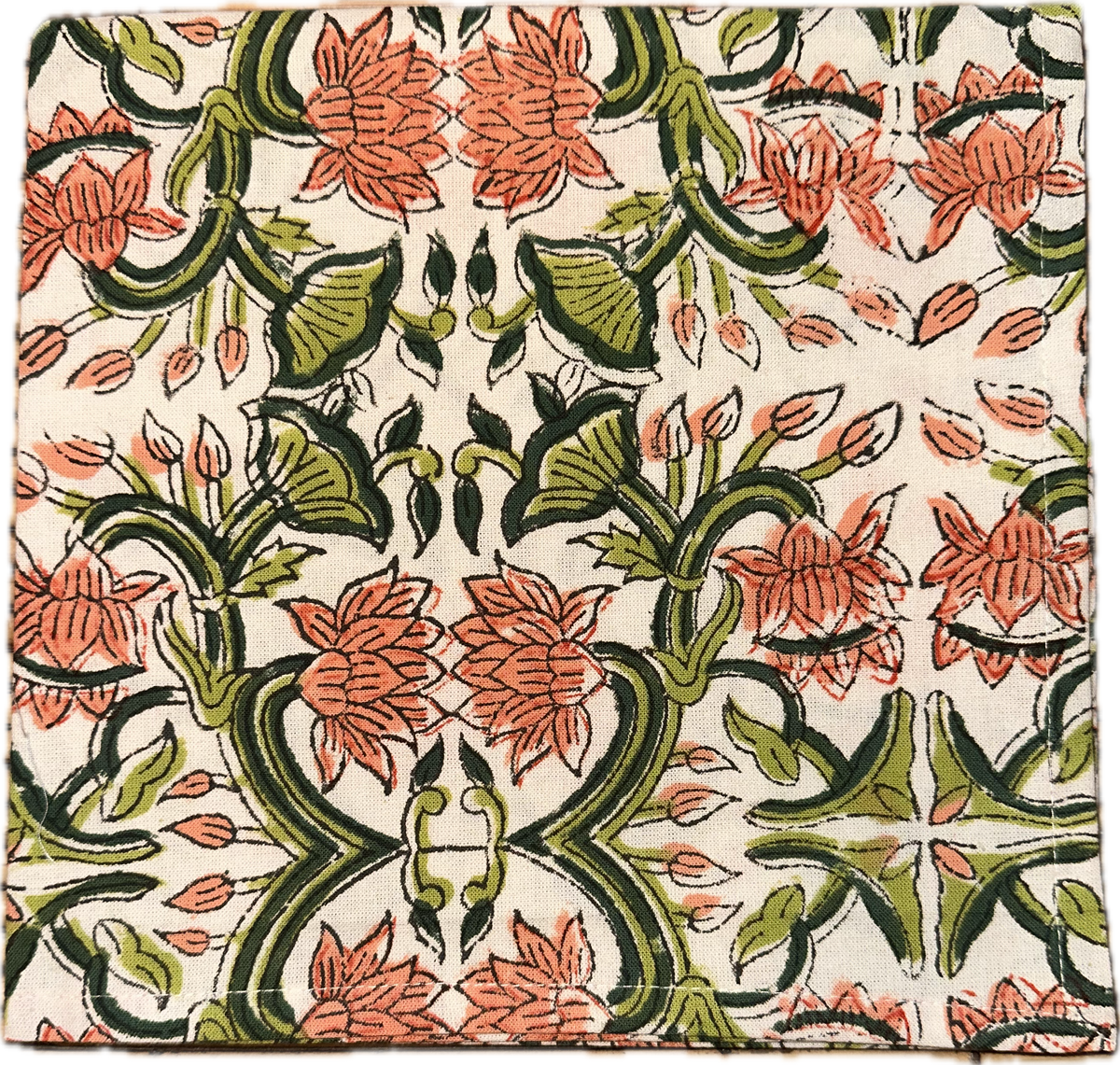 Block Print Vine with Orange Floral Cloth Napkin