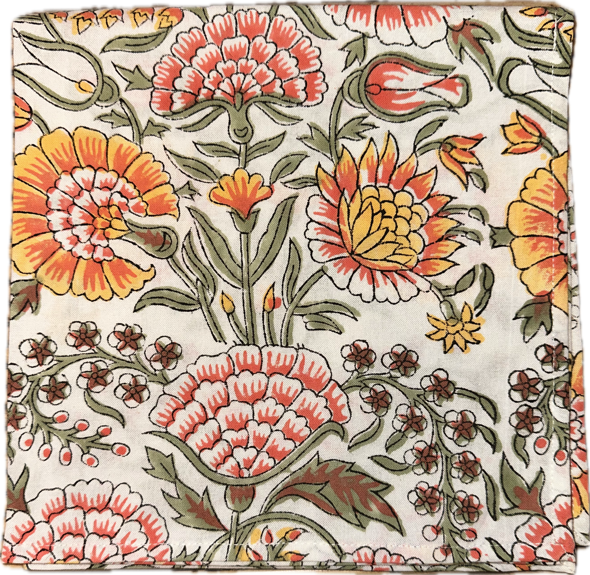 Block Print Orange and White Garden Flower Cloth Napkin