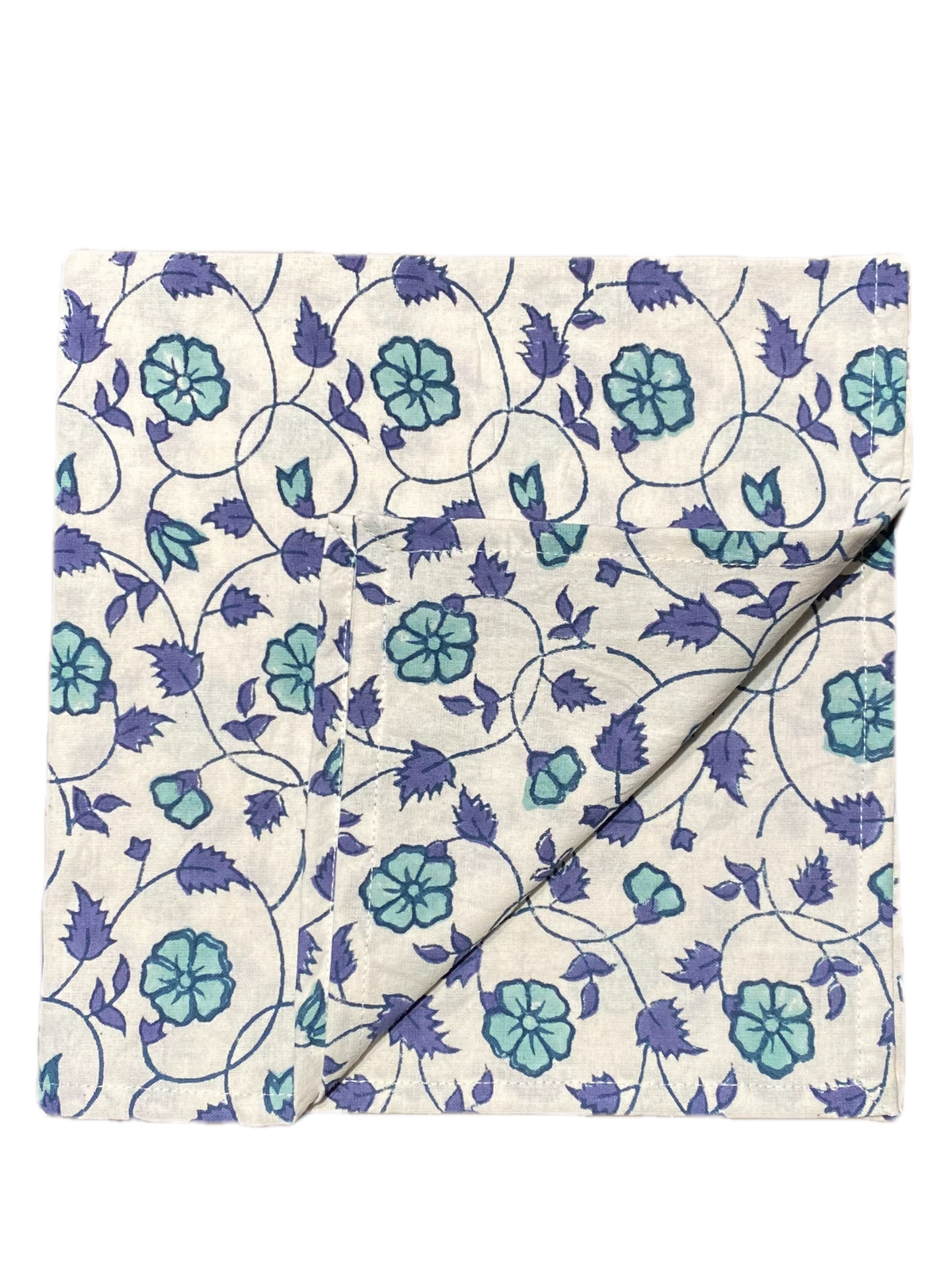 Block Print In Blue Daisies on White Cloth Napkin