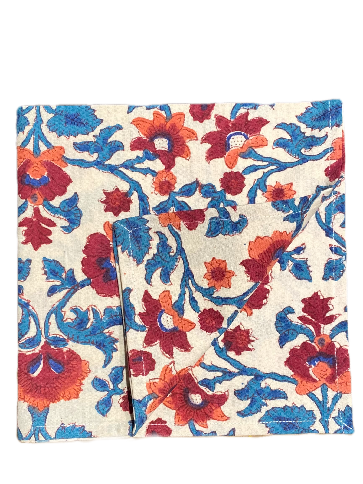 Block Print Red and Blue Blooms Tablecloth Napkin