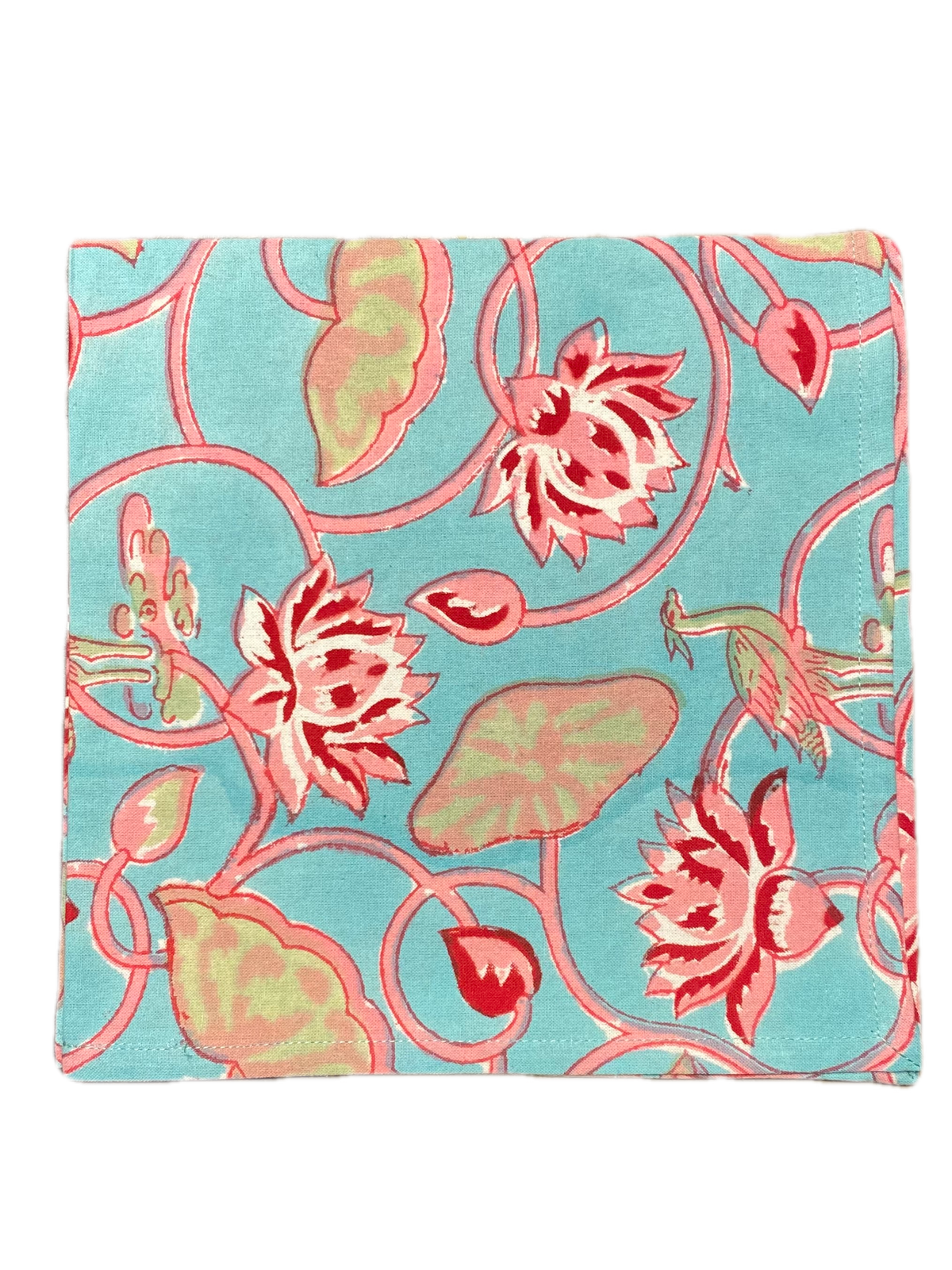 Block Print Red Dahlias in Turquoise Tablecloth Napkin