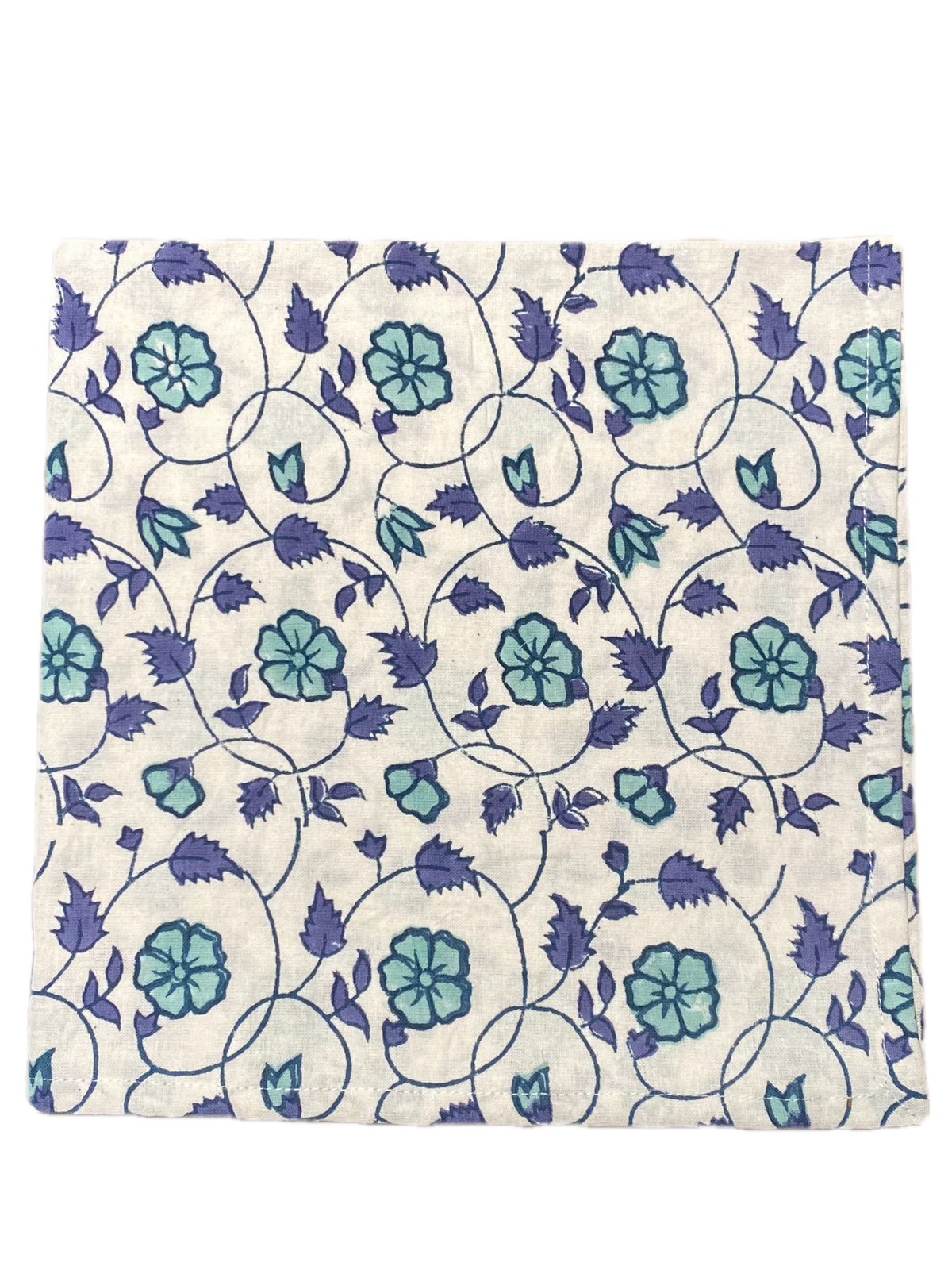Block Print In Blue Daisies on White Cloth Napkin