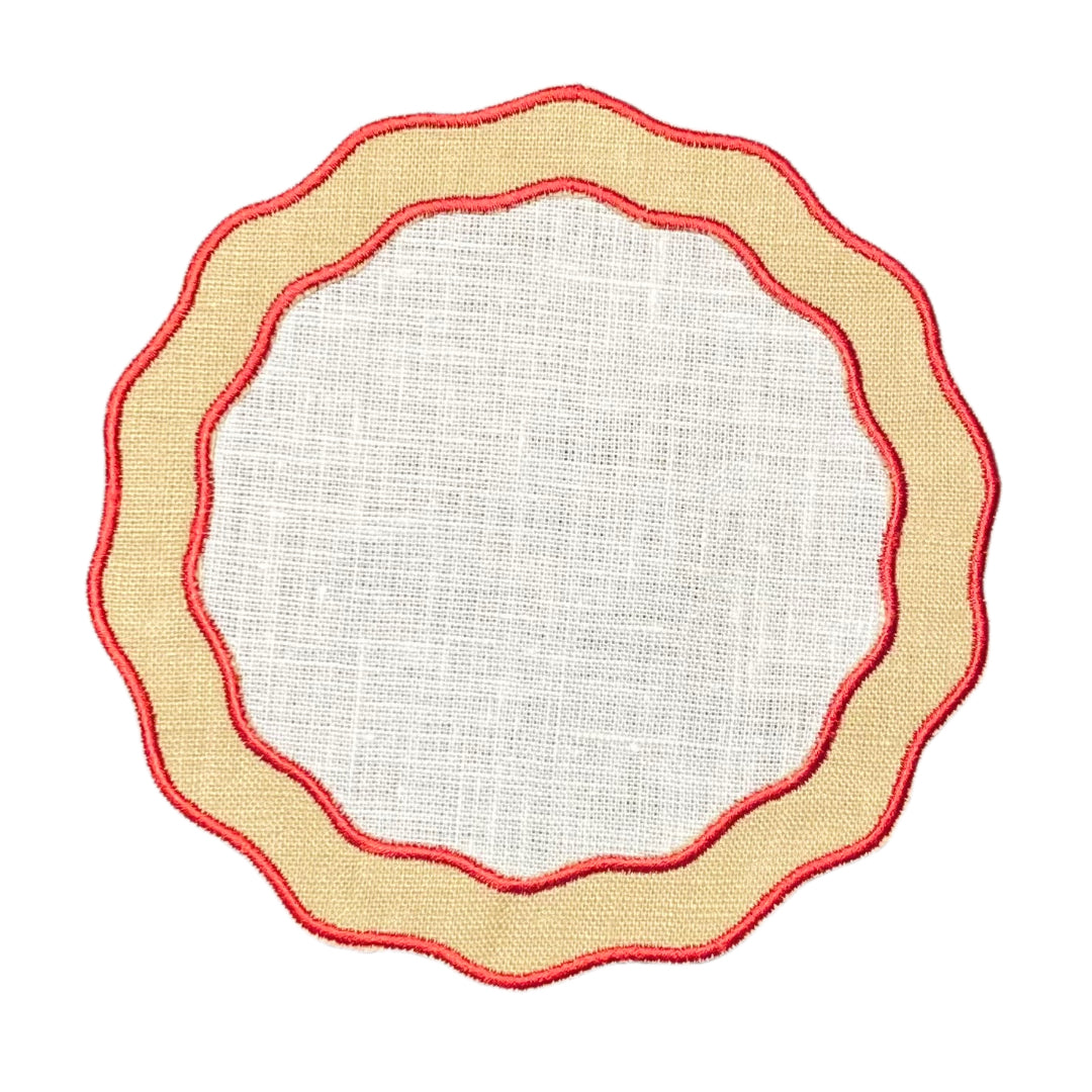 Round Appliqué Cocktail Napkin Sand and Red Accent