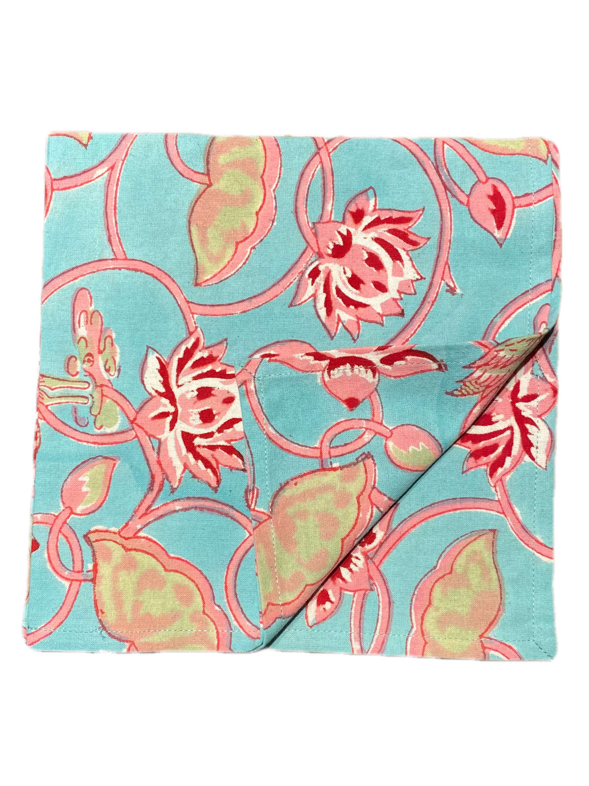 Block Print Red Dahlias in Turquoise Tablecloth Napkin