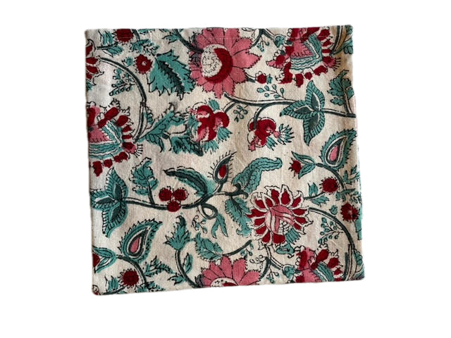 Block Print Green and Red Floral Cloth Napkin