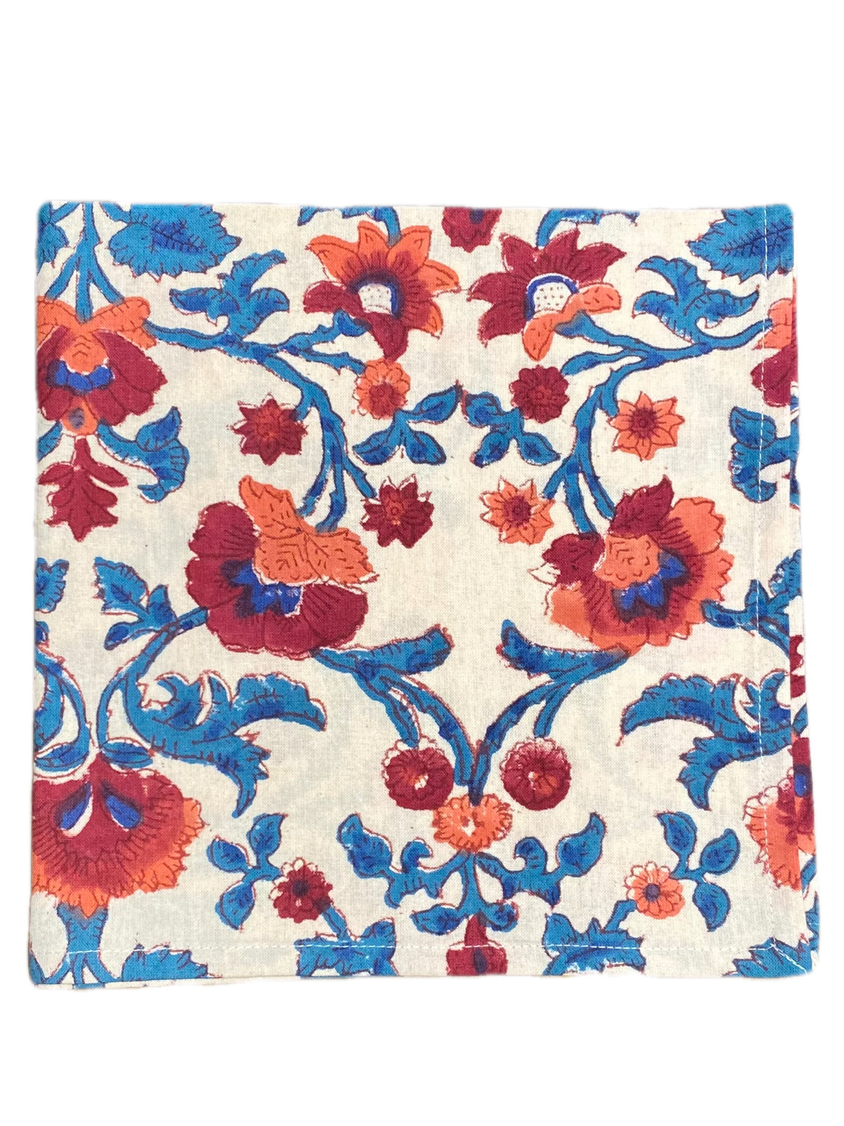 Block Print Red and Blue Blooms Tablecloth Napkin