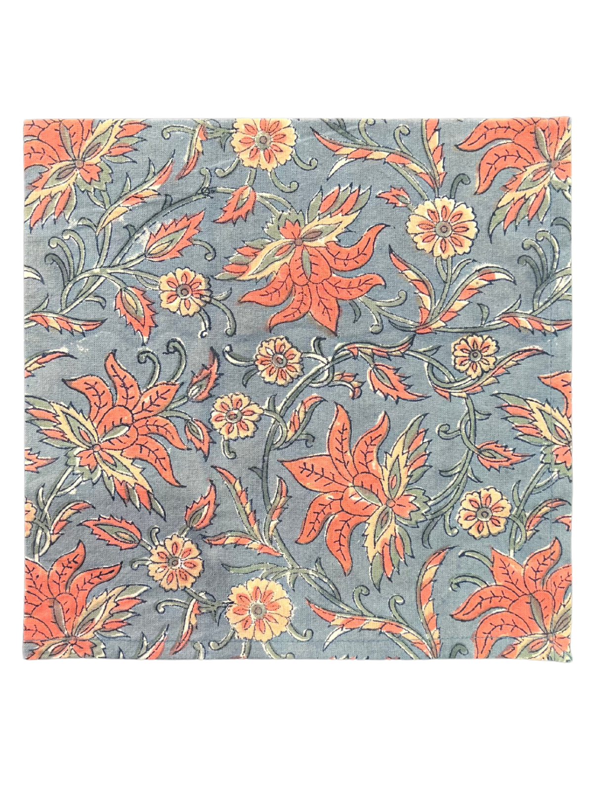 French Blue and Coral Floral Blockprint Dinner Napkin