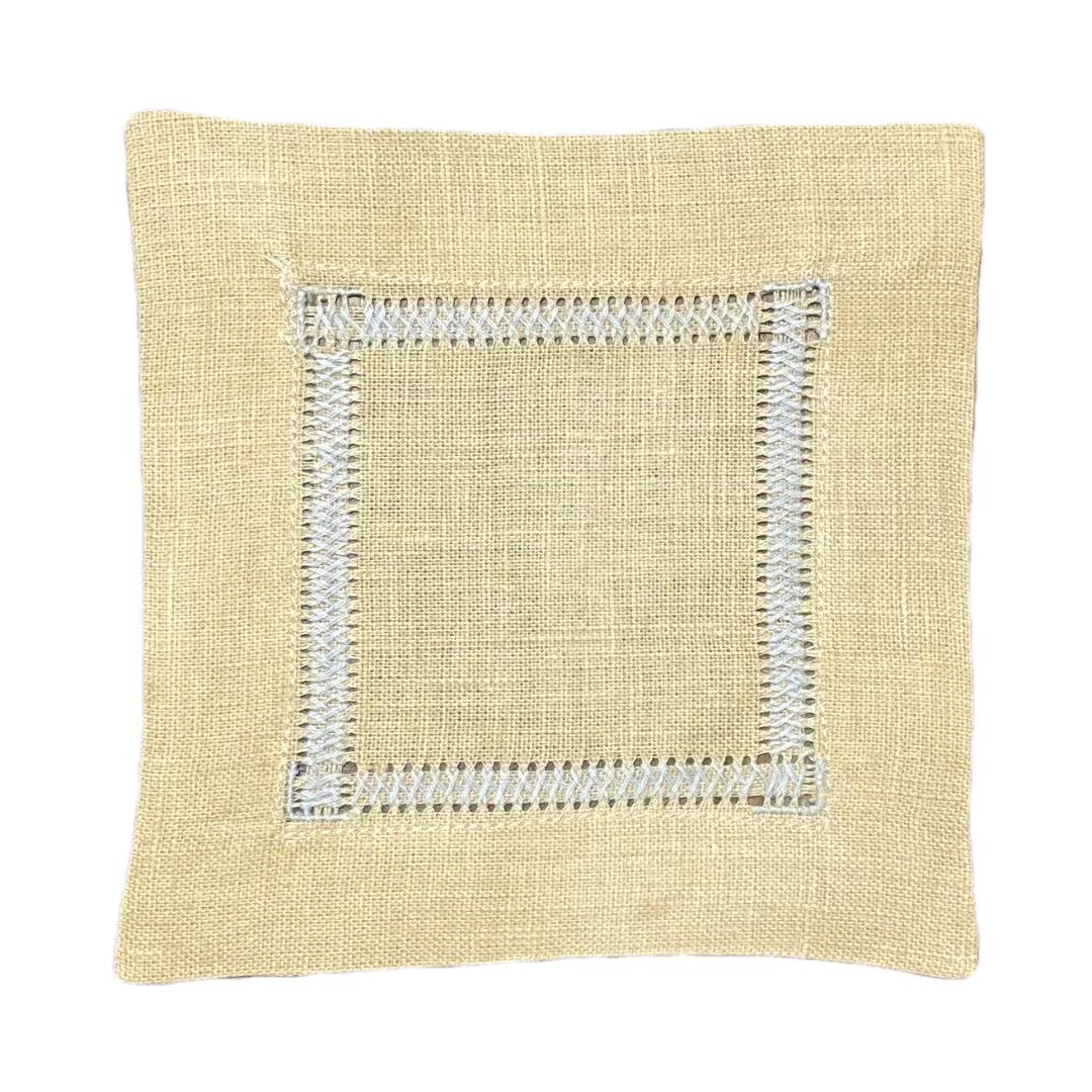 Sky Blue on Natural Zig Zag Hemstitch Cocktail Napkin