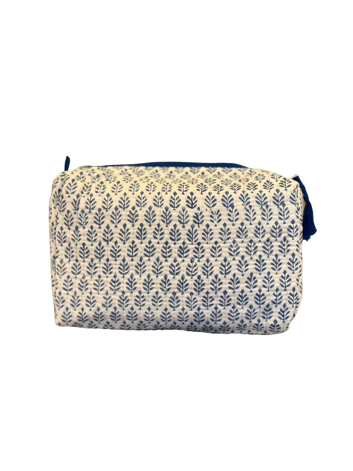 Navy Blue Leaf Block Print Cosmetic Bag Small