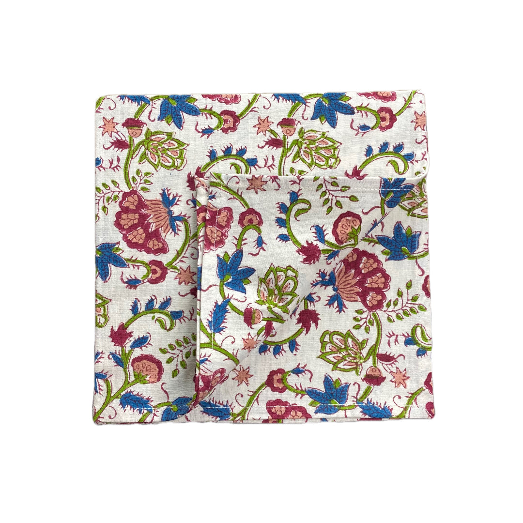 Block Print Red Floral Pattern Cloth Napkin (Peach Roses and White)