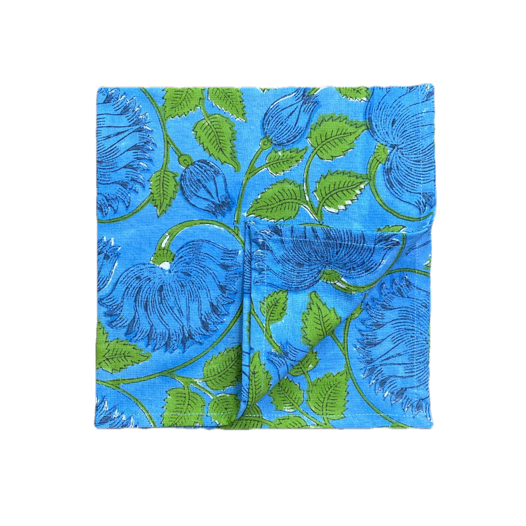 Block Print Blue on Blue Floral Cloth Napkin
