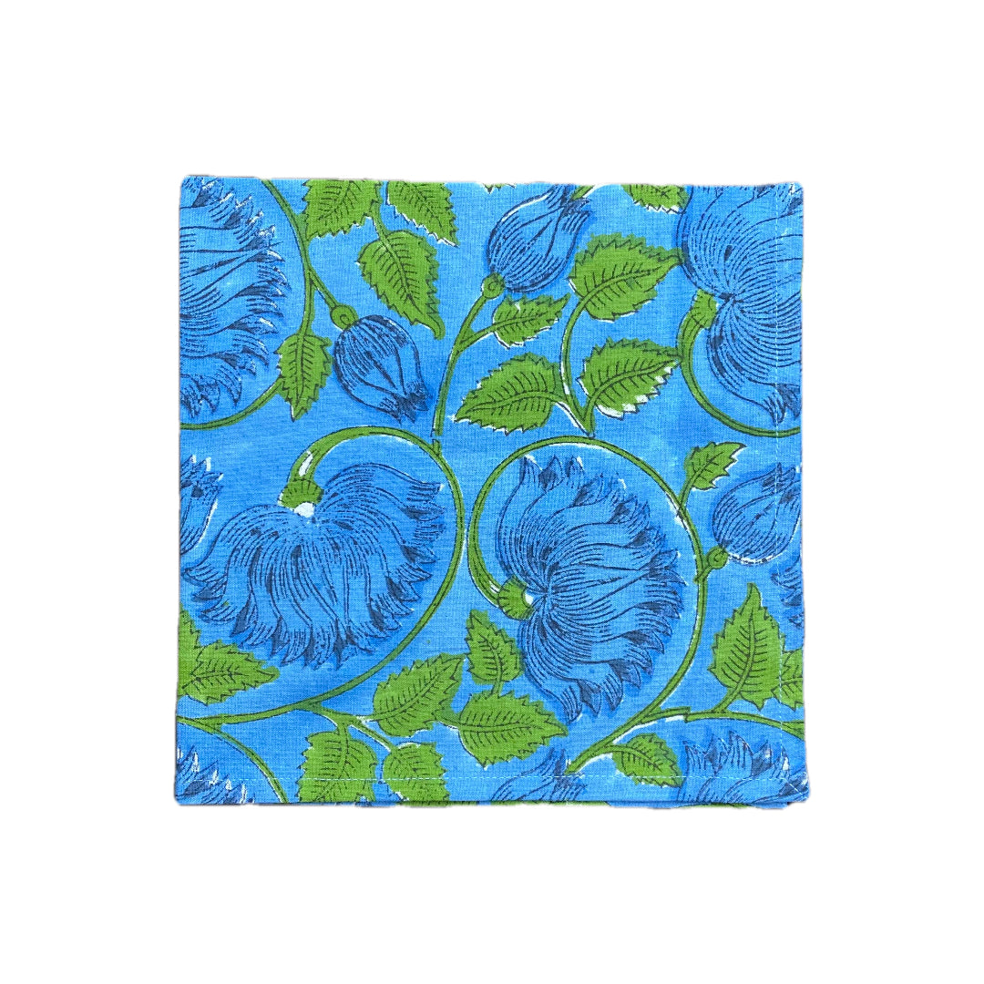 Block Print Blue on Blue Floral Cloth Napkin