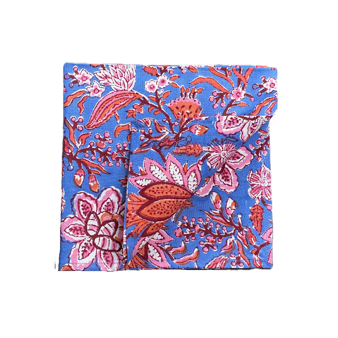 Block Print Vivid Blue and Red Cloth Napkin
