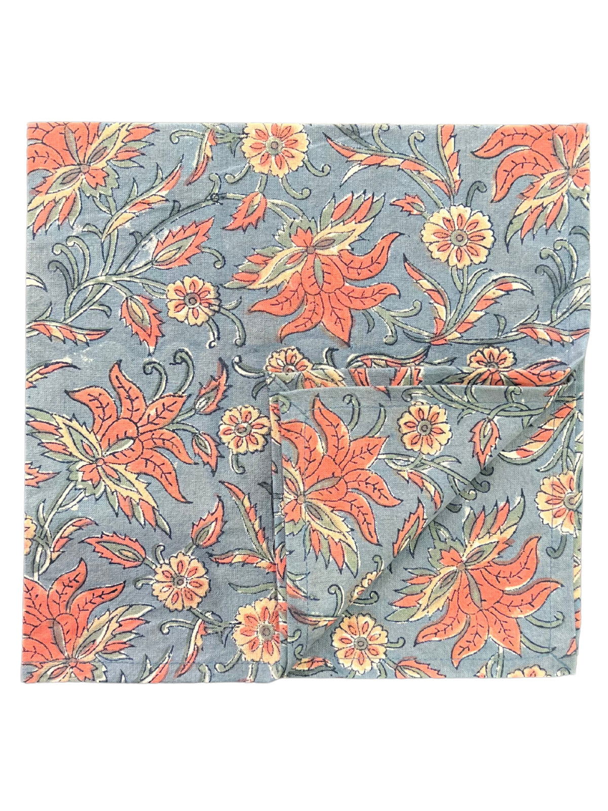 French Blue and Coral Floral Blockprint Dinner Napkin