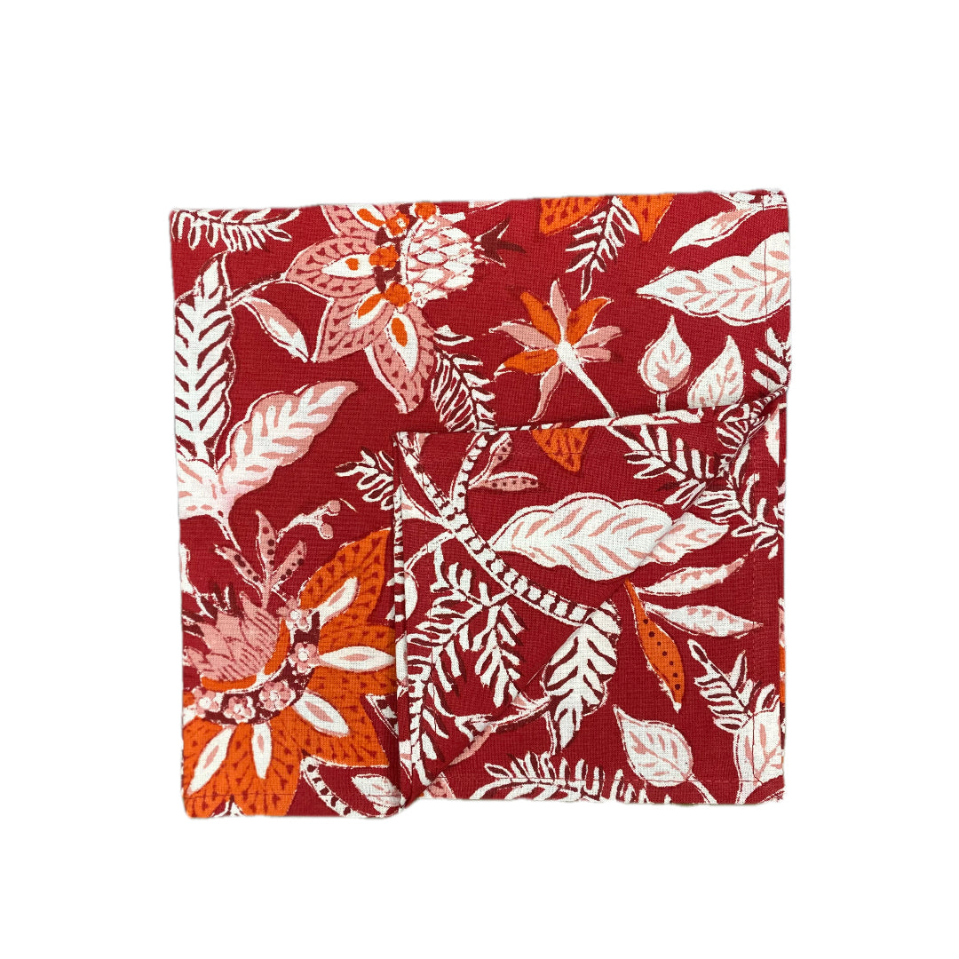 Block Print in Red Poinsettia Dinner Napkin