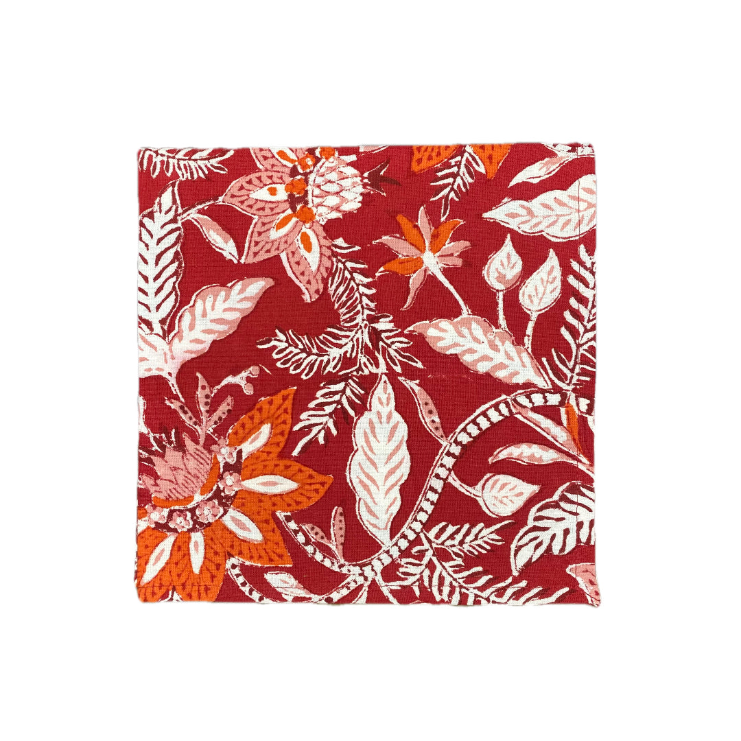 Block Print in Red Poinsettia Dinner Napkin