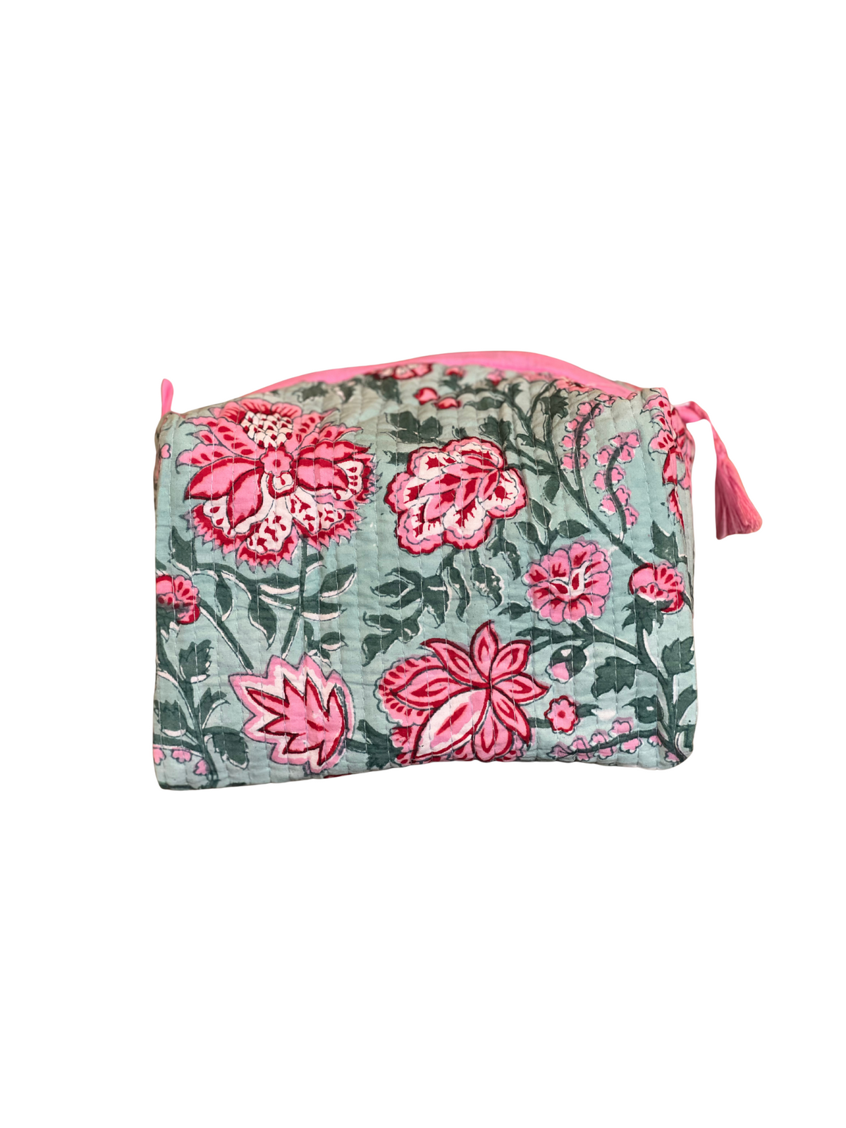 Pink and Green Floral Block Print Cosmetic Bag Small