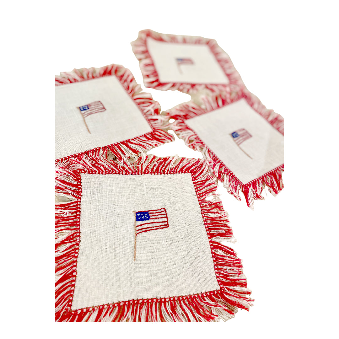 Fringe Cocktail Napkin with Embroidered Flag Individual