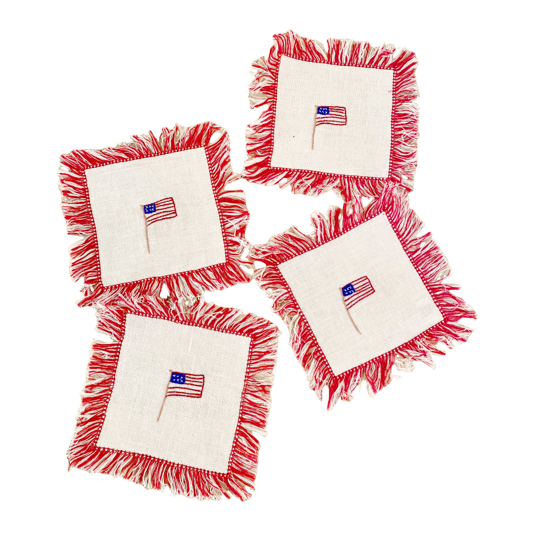 Fringe Cocktail Napkin with Embroidered Flag Individual