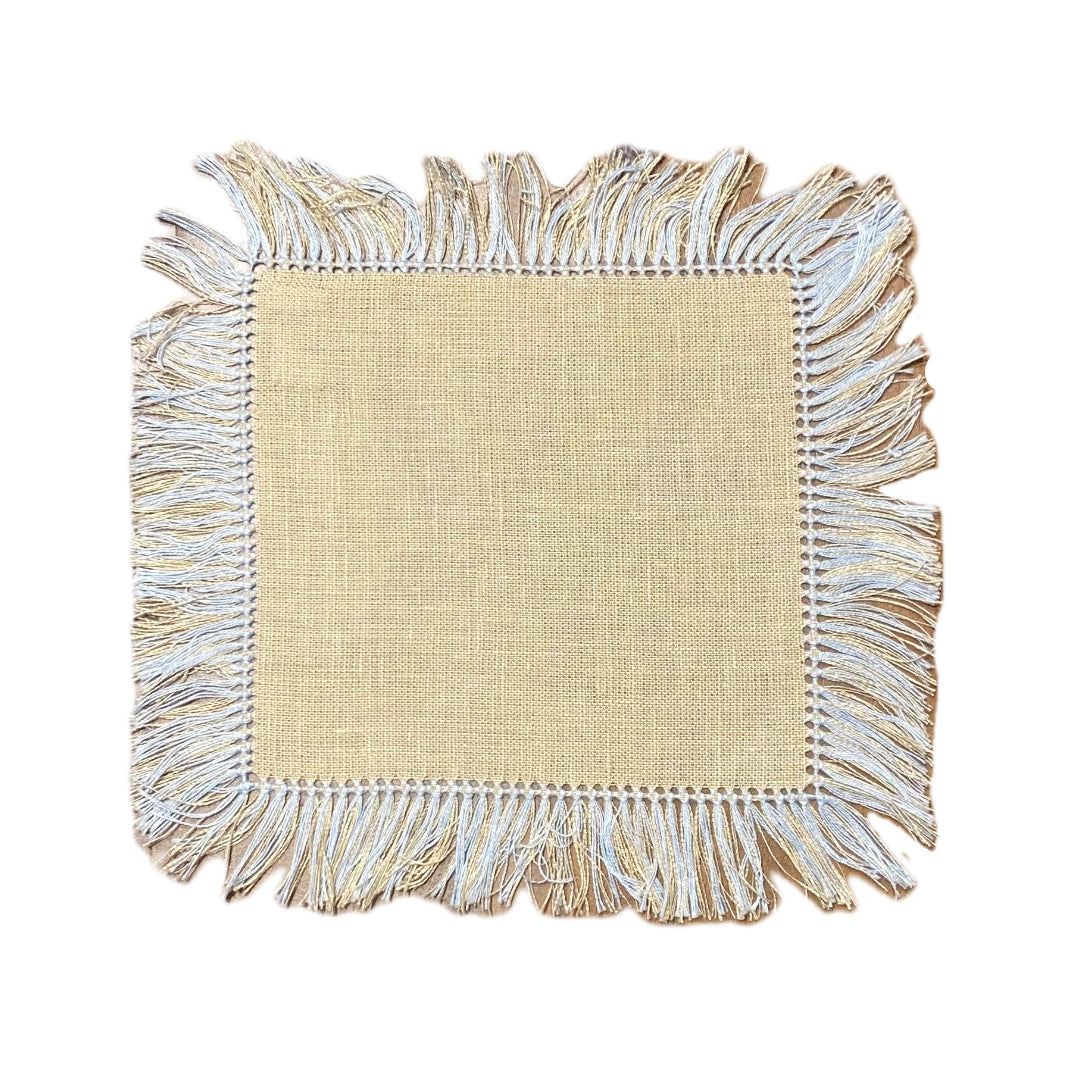 Natural Sky Blue Hand-Knotted Fringe Square Cocktail Napkin
