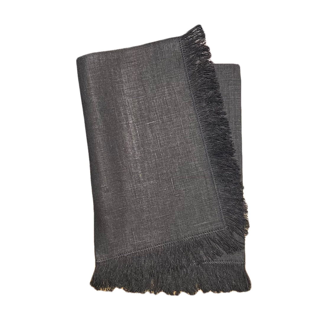 Solid Black Hand-Knotted Fringe Dinner Napkin