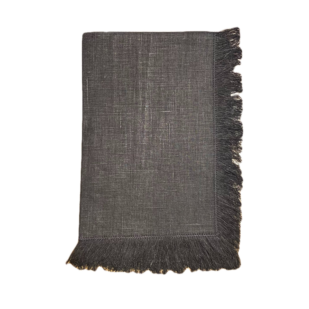 Solid Black Hand-Knotted Fringe Dinner Napkin